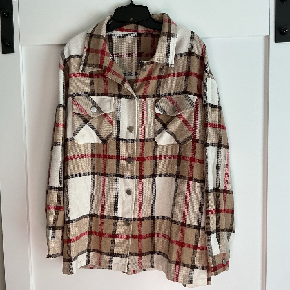 Fall Plaid Shacket Snap Front‎ Long Sleeve Womens Size L Brown Cream Rust